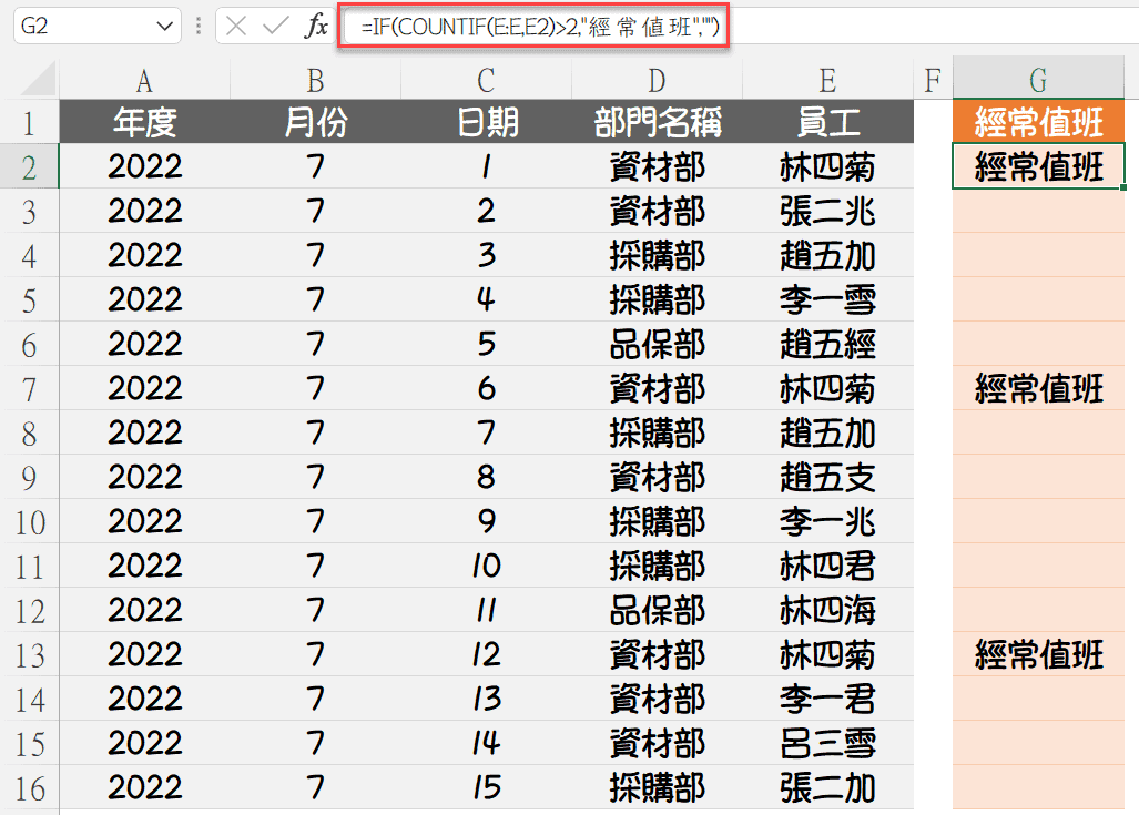 Excel函數教學：COUNTIF及IF用法，員工值班表次數分析